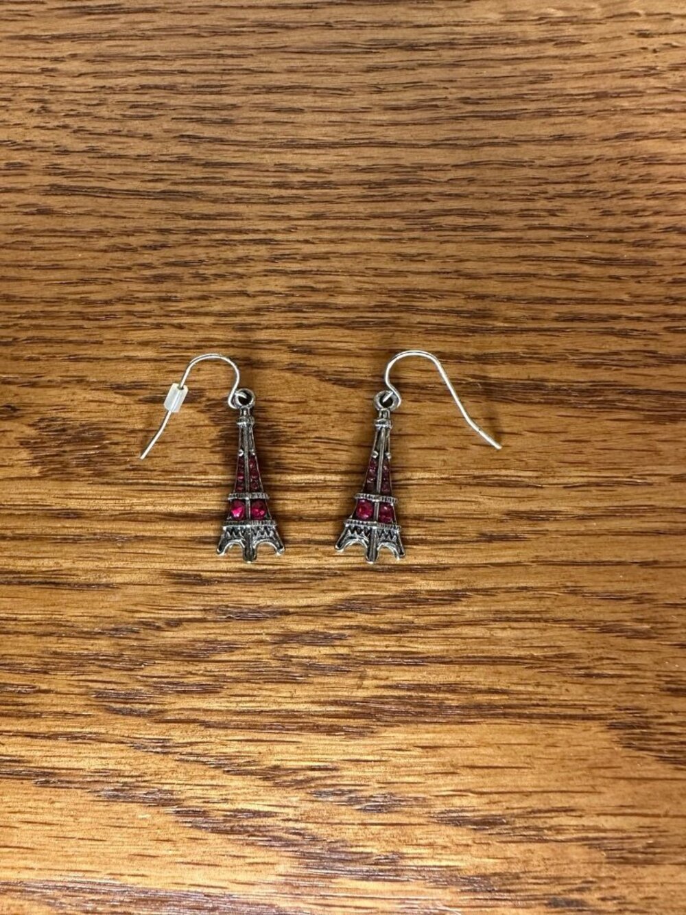 Claire’s Eiffel Tower Paris France Dangle Earrings Pink Rhinestone Silver Tone